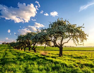 Trees bloom in a green field under a partly cloudy blue sky