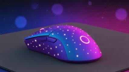 A computer mouse with a colorful starry night sky design on a dark surface with purple and blue background