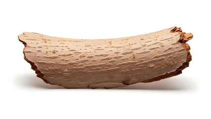 Curved natural bark fragment with intricate texture isolated on pristine white background, showcasing organic form