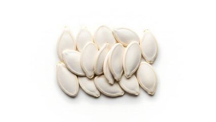 Group of natural pumpkin seeds in their protective white shells, presented cleanly on a bright background