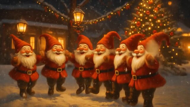 Başlık	
Cheerful Christmas elves dancing around a decorated tree in a snowy, glowing holiday village filled with festive lights and cozy wooden cottages.	