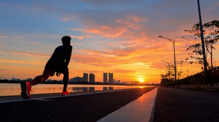 Silhouette of runner stretching on pavement against brilliant orange and blue sunset cityscape