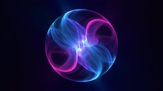 Neon glowing futuristic 3d sphere seamless motion. Abstract purple and blue gradient sphere of vibrant particles and waves. Technology, innovations, and Artificial Intelligence. Virtual AI assistant