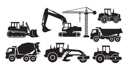Set of construction vehicles and heavy equipment silhouettes black vector icons for industrial design and building projects isolated on white background