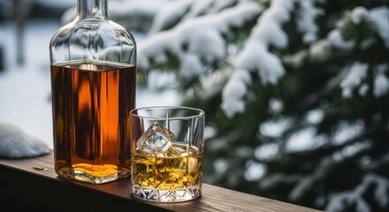 Whiskey bottle and glass on snowy winter deck