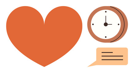 Heart alongside a clock and speech bubble conveys themes of love, time, and communication. Ideal for relationships, time management, emotional connections, dialogue, productivity, priorities simple