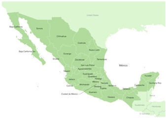 Fototapeta premium 緑色の濃淡で描いた、メキシコの行政区分付きの地図（周辺国の地名付き、スペイン語表記）Map of Mexico with administrative divisions in shades of green (with names of neighboring countries in Spanish)