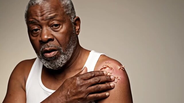 A Senior Male Experiences Shoulder Wound, Showing Concern and Pain with His Body Language