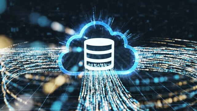 Cloud computing data storage with glowing digital cloud icon and database symbol surrounded by streaming data flow in futuristic network connection technology and information transfer background