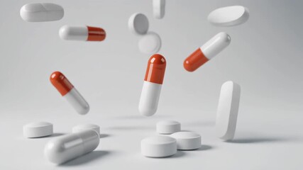 Red and white medical capsules falling on a white background - Powered by Adobe
