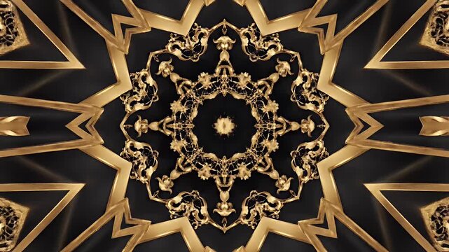 Elegant gold baroque mandala pattern with intricate metallic filigree details on a dark black background.