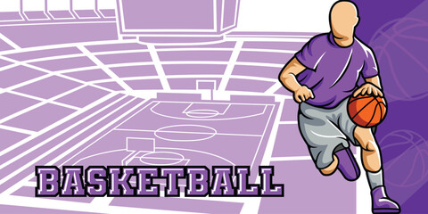 Basketball Template With Athlete Player and Playing Field Court Background Vector  Poster and Banner