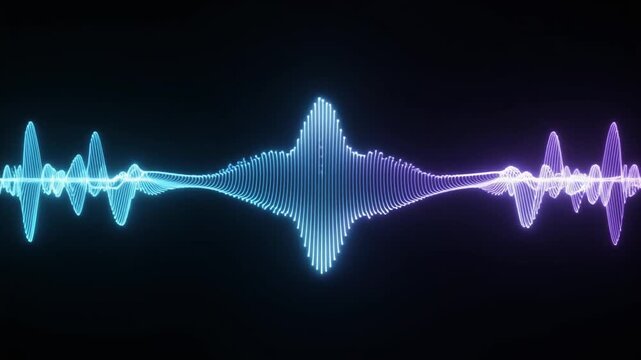 Blue neon glowing sound wave and audio waveform. Abstract soundtrack and music background. Equalizer, speech and voice recording visualization, sound line graph. Audio waves frequency and spectrum. 4k