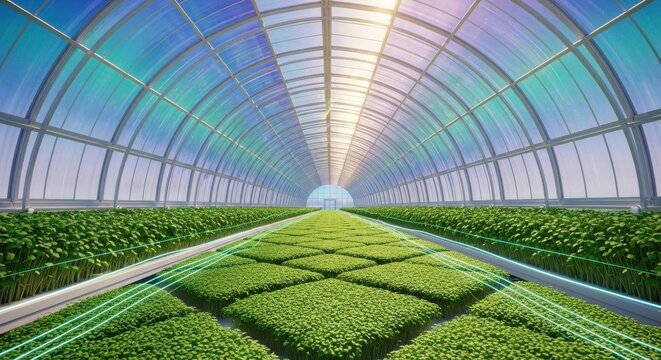 Modern greenhouse farming with lush green microgreens