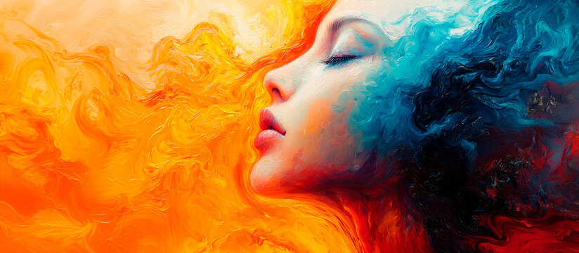 Perfil de mujer art&iacute;stico con efecto de dispersi&oacute;n de humo colorido en naranja y azul.