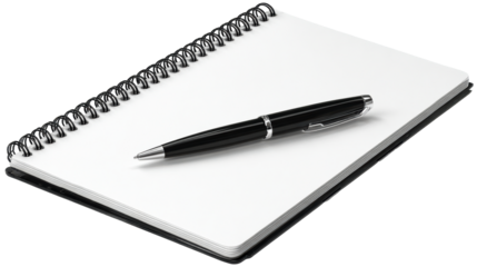 Elegant black ballpoint pen resting on a blank spiral bound notebook, perfect for note taking, journaling, or business presentations.