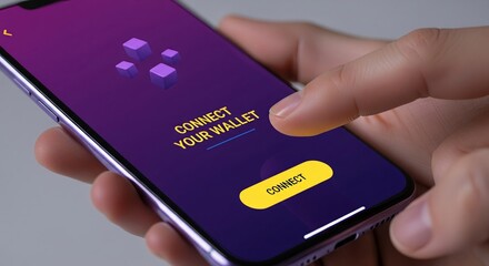 Connect your wallet app — close-up of smartphone with yellow connect button and floating 3D cubes