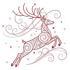 An elegant reindeer illustration with swirling patterns and festive holiday accents