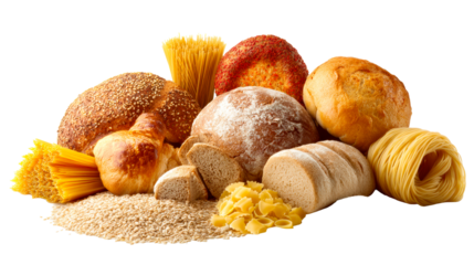 Assortment of bread, pasta, grains, and flour products for a healthy diet and culinary preparation, ideal for food blogs, websites, and nutritional content