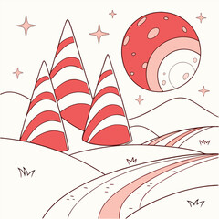 A whimsical landscape featuring striped mountains a red planet and sparkling stars