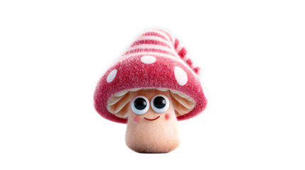 A fluffy mushroom creature with big eyes and a striped hat, perfect for kids media and playful branding projects.