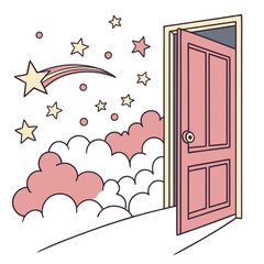 An open door leading to a whimsical scene of stars clouds and sparkles