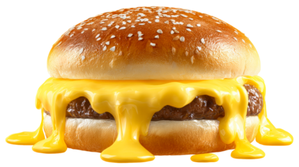 Juicy cheeseburger with melted cheese dripping down, perfect for fast food advertising, restaurant menus, or food blogs celebrating indulgent meals.