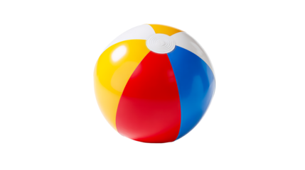 Vibrant inflatable beach ball with red, yellow, and blue panels, perfect for summer fun and poolside recreation marketing materials.