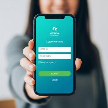 eBank mobile login &mdash; smartphone showing USER ID and PASSCODE fields with green LOGIN button