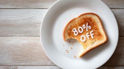 Toast slice with a bite taken out, displaying a promotional message of 80 percent off, placed on a white plate against a rustic wooden background, conveying a sense of discount and urgency