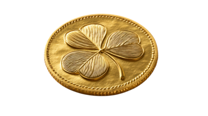 Golden coin featuring a detailed embossed shamrock, symbolizing luck and prosperity, perfect for financial, holiday, or good fortune themes.