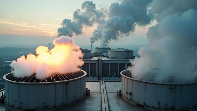 Cinematic aerial view of data center building with visible heat haze shimmering from cooling vents, industrial technology infrastructure and high processing power concept.