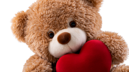 Adorable fluffy brown teddy bear holding a soft red heart, perfect for Valentines Day and expressing love, suitable for greeting cards and romantic promotions.
