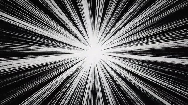 Black anime speed lines on white seamless motion. Radial comic light speed lines. Velocity lines, flash action concept. High-speed animation, black and white speed lines. Manga anime background. 4k.