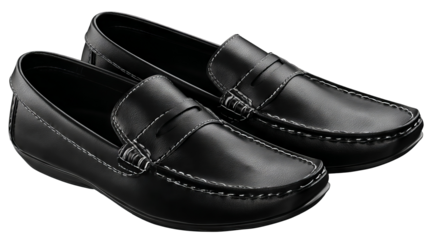 Sleek black leather loafers with stitched detailing classic slip on shoes for formal office wear or casual outfits isolated on transparent background high resolution PNG cutout