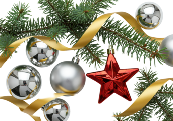 photorealistic flat lay, isolated on white, showing reflective chrome silver baubles, crimson star, coiled gold ribbon, and frosted siberian fir branches, sophisticated christmas greeting card