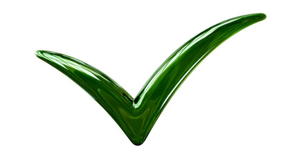 Shiny metallic green check mark symbol signifying approval or success, perfect for use in digital interfaces or business presentations to indicate completion or confirmation.