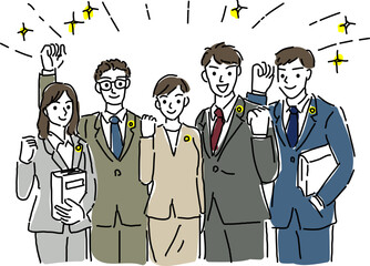 笑顔でガッツポーズする弁護士手描き線画