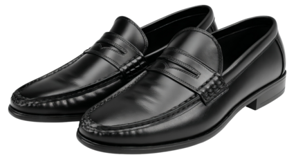 Sleek black leather loafers with stitched detailing classic slip on shoes for formal office wear or casual outfits isolated on transparent background high resolution PNG cutout