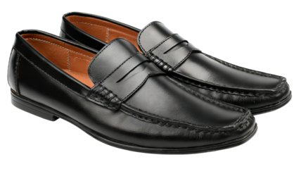 Sleek black leather loafers with stitched detailing classic slip on shoes for formal office wear or casual outfits isolated on transparent background high resolution PNG cutout