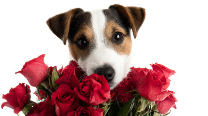 Adorable jack russell terrier puppy peeking over a lush bouquet of red roses perfect for valentines day or expressing affection for loved ones