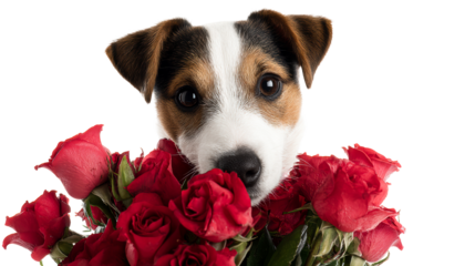 Adorable jack russell terrier puppy peeking over a lush bouquet of red roses perfect for valentines day or expressing affection for loved ones