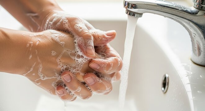 Hands washing with soap under tap &mdash; proper handwashing hygiene