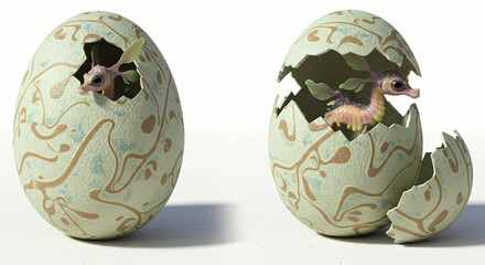 A mystical dragon hatching from a beautifully decorated egg, emerging into the world with wonder and enchantment