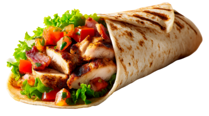 Delicious grilled chicken wrap filled with fresh lettuce, ripe tomatoes, and crispy bacon, perfect for a quick and satisfying meal for your foodrelated projects.