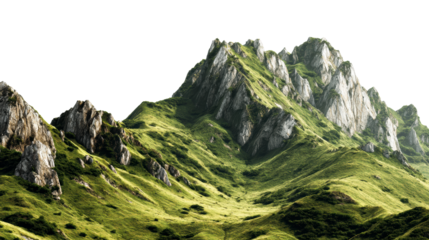 Jagged green mountain peaks rise dramatically against a bright sky, showcasing rugged terrain covered in lush vegetation, perfect for concepts of nature, adventure, and exploration.