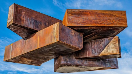 Minimal Spatial Arrangement of Metal Elements Forming a Floating Architectural Object With Dynamic Textures and Construction Layers In Blue Sky Background
