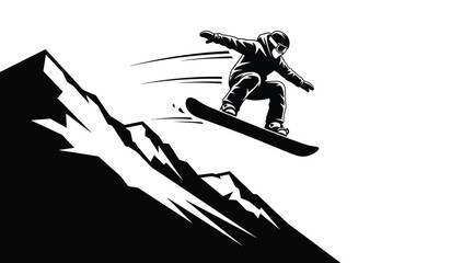 Naklejka premium A dynamic black and white illustration depicts a snowboarder performing an aerial trick on a snow covered mountain showcasing speed and agility high quality professional