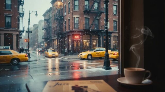 Cozy caf&eacute; window view of a rainy city street with yellow taxis, steaming coffee cup in the foreground, and warm reflections creating a calm urban mood.