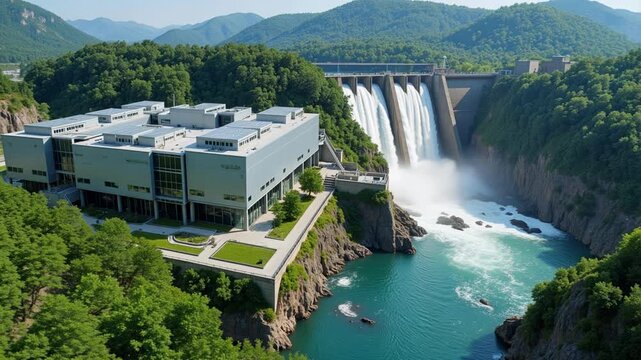 Aerial orbit view of data center complex next to large hydroelectric dam, renewable energy source for technology infrastructure and sustainable cloud computing power.